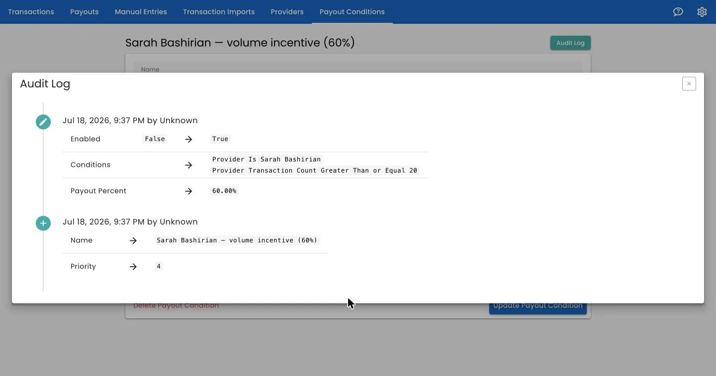 An audit log showing field-level before and after changes to a payout condition
