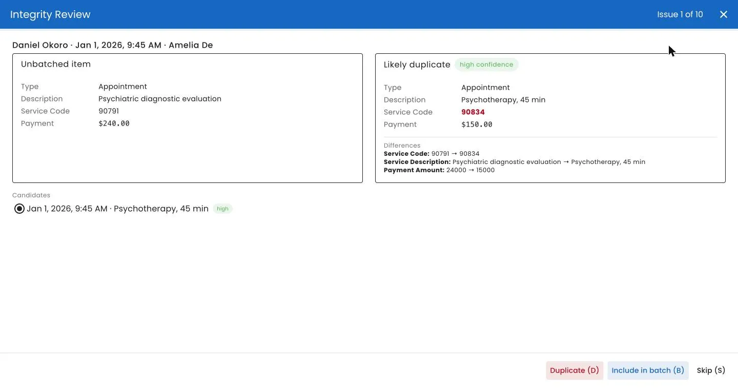 The integrity review wizard comparing an unbatched item to a high-confidence duplicate