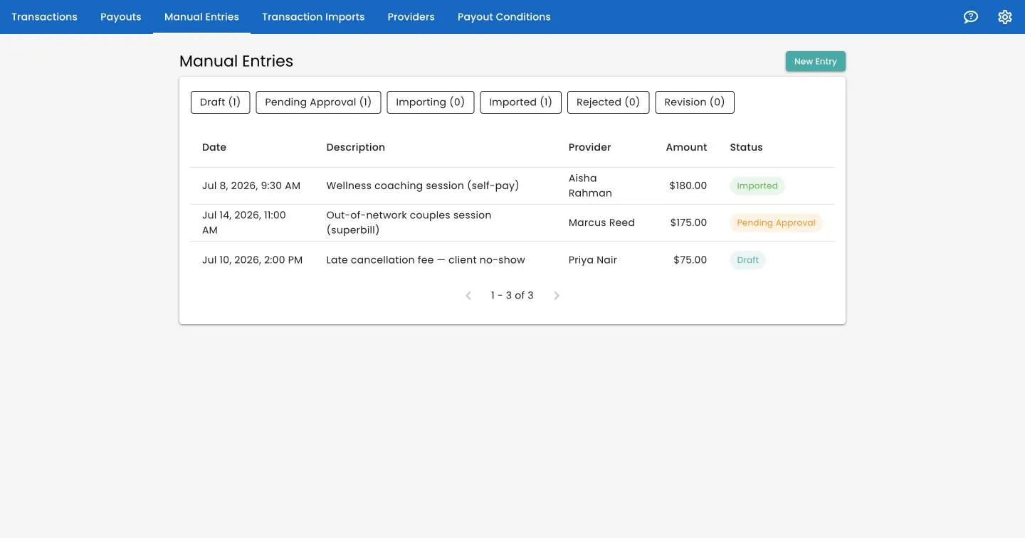 The manual entries screen showing draft, pending-approval, and imported statuses