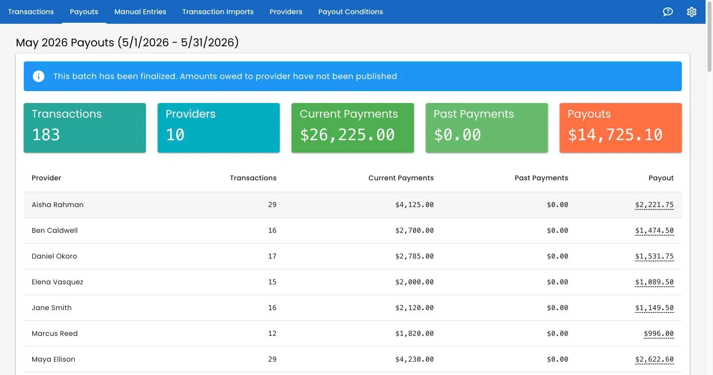 A finalized payout batch in Track 2 Pay showing 183 transactions across 10 providers, with per-provider payout amounts