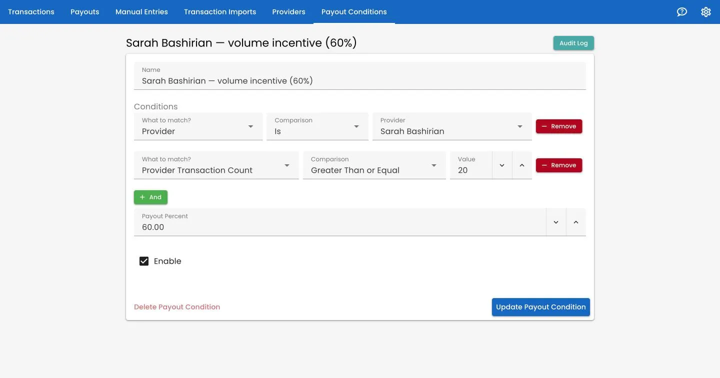 A payout condition editor matching provider and transaction count to a 60% payout