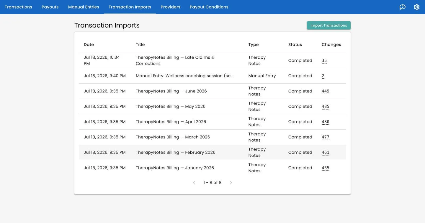 Transaction imports in Track 2 Pay showing native TherapyNotes billing imports