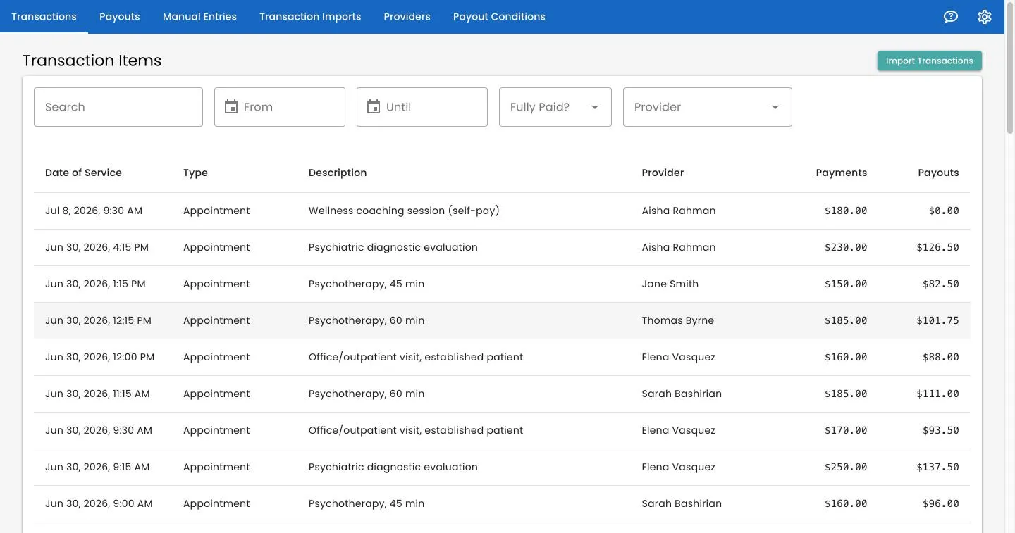 The Track 2 Pay transaction ledger showing imported appointments, providers, payments, and payouts